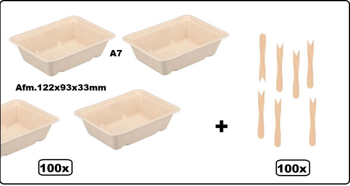 100 stuks Friet bakje A7 suikerrietpulp - 122mmx93mmx33mm + 100 stuks Houten snackvork - Friet patat frites