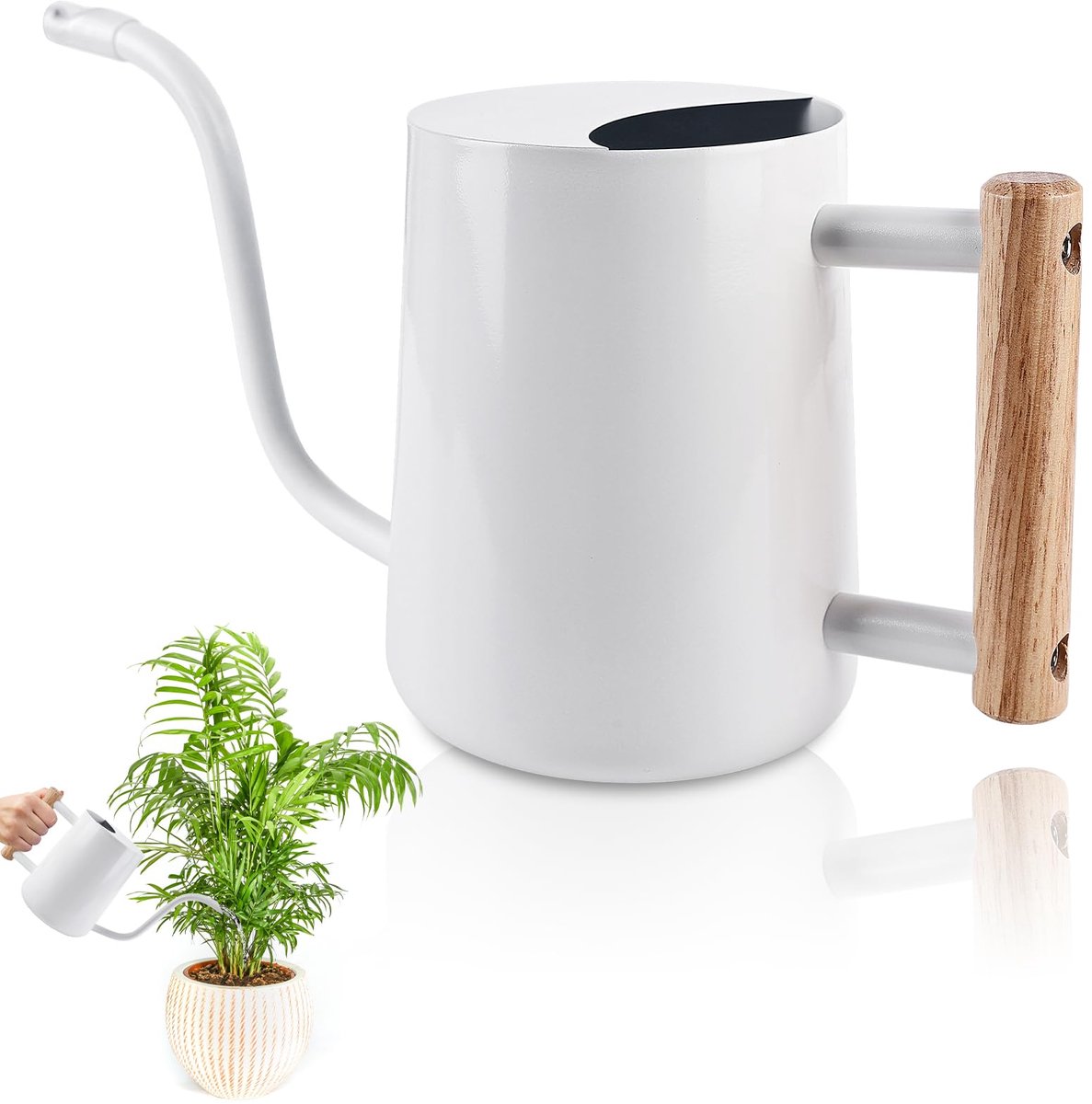 Famanu – Gieter voor kamerplanten van roestvrij staal, 1 liter, met lange uitloop en stabiele houten handgreep, perfect voor binnen gebruik