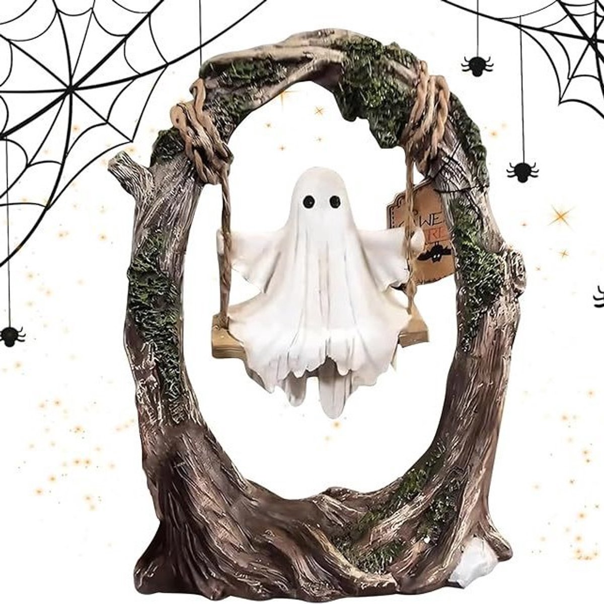 Daity Halloween spookschommelornament — Leuke decoratie met spookthema — Spookvormig ornament — Geschikt voor binnen en buiten — Ideaal voor veranda, tuin, terras, gazon, tafelblad en boekenplank (2 x 6 x 16 cm)