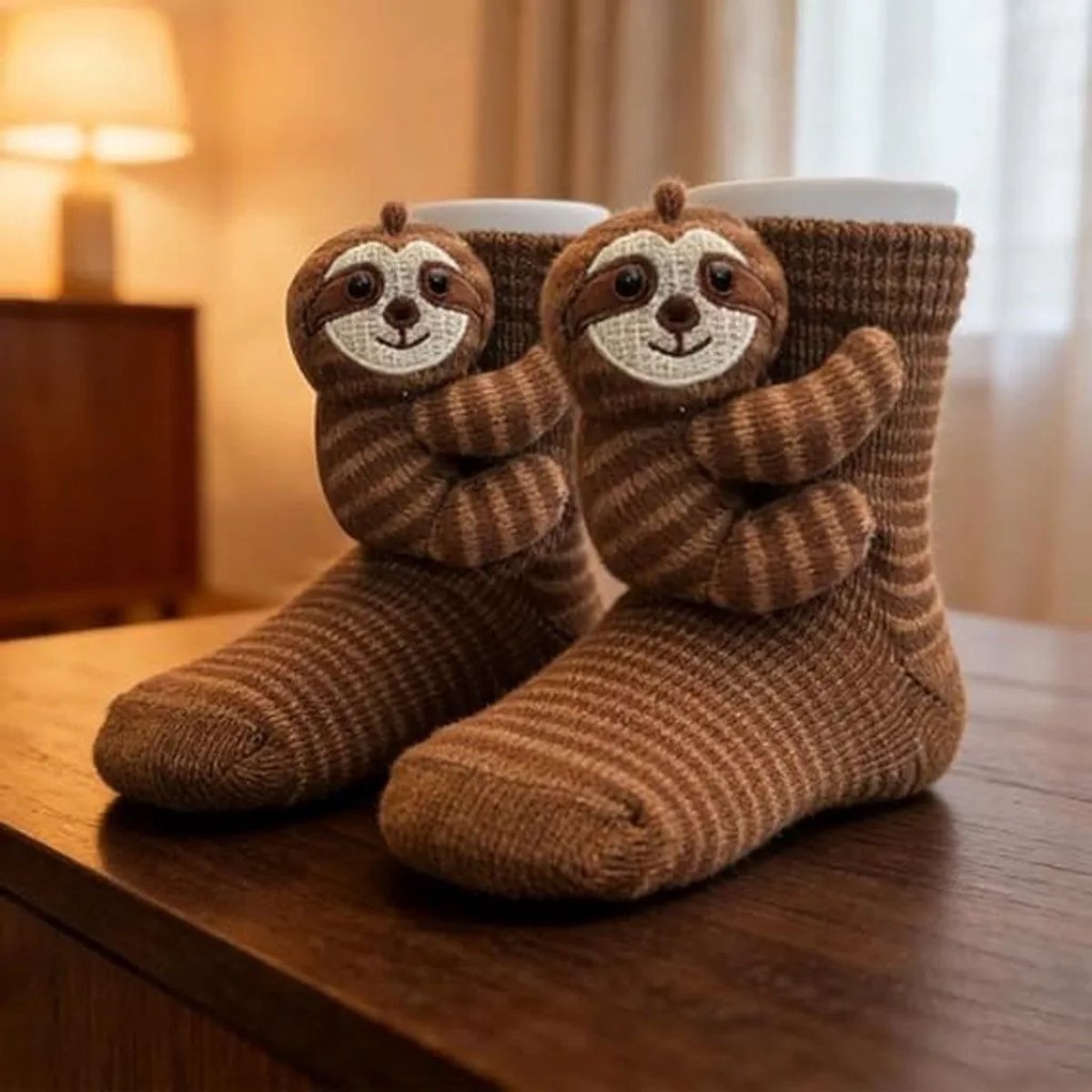 Casalora – Sokken dames - 3D Dieren Sokken – Gebreide Luiaard Sokken – Warme Wintersokken – Eén Maat - Casual katoenen sokken