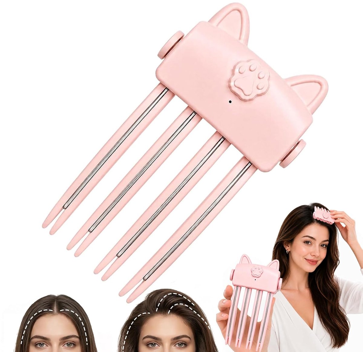 Draadloze Verwarmde Haarwortel Volume Klem - Elektrische Root Volumizer Kam - voor Fijn & Plat Haar - USB Oplaadbare Styling Tool - met Kattenpoot Design - roze
