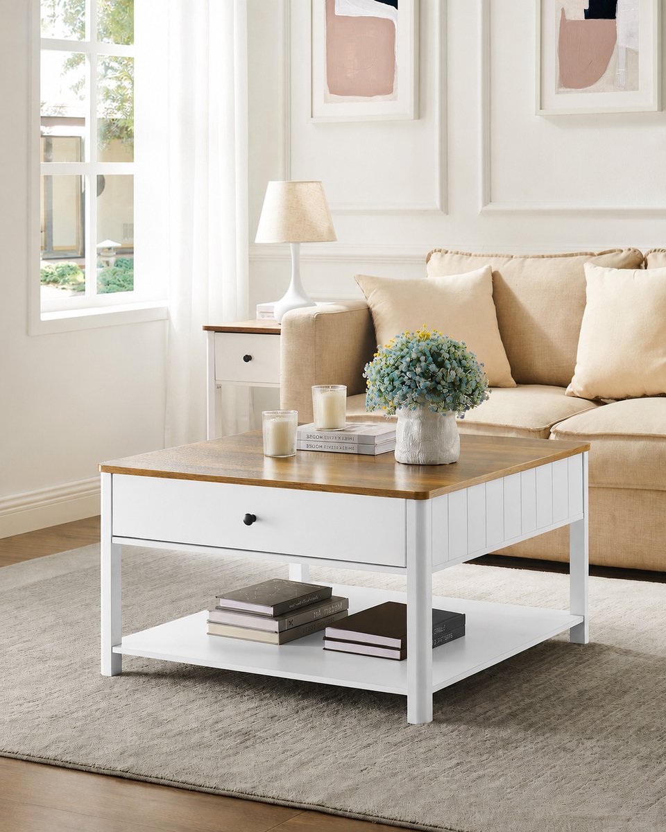 House of Balance Salontafel Vierkant- Houten Koffietafel - Bijzettafel - Salontafel met Lades - 80x80x45 cm - Ruimte Besparend