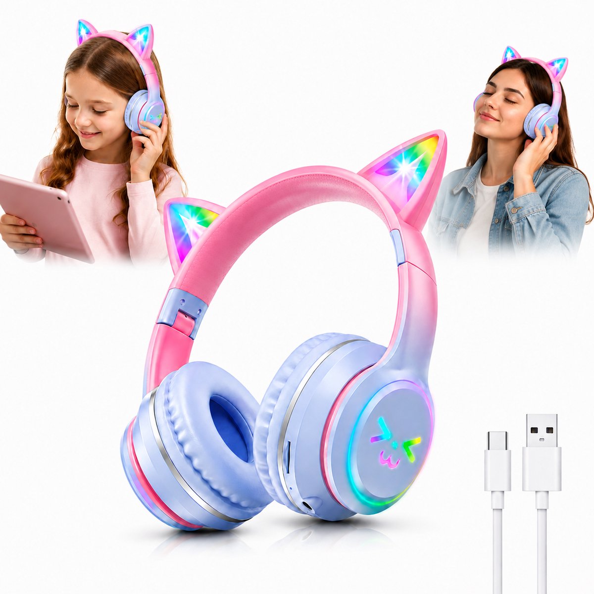 Kids Bluetooth Headphones with RGB LED Cat Ears, Wireless Over Ear Headset with Microphone, Foldable Headphones for Tablet, Phone and PC