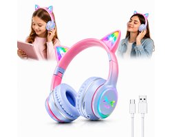 Kids Bluetooth Headphones with RGB LED Cat Ears, Wireless Over Ear Headset with Microphone, Foldable Headphones for Tablet, Phone and PC
