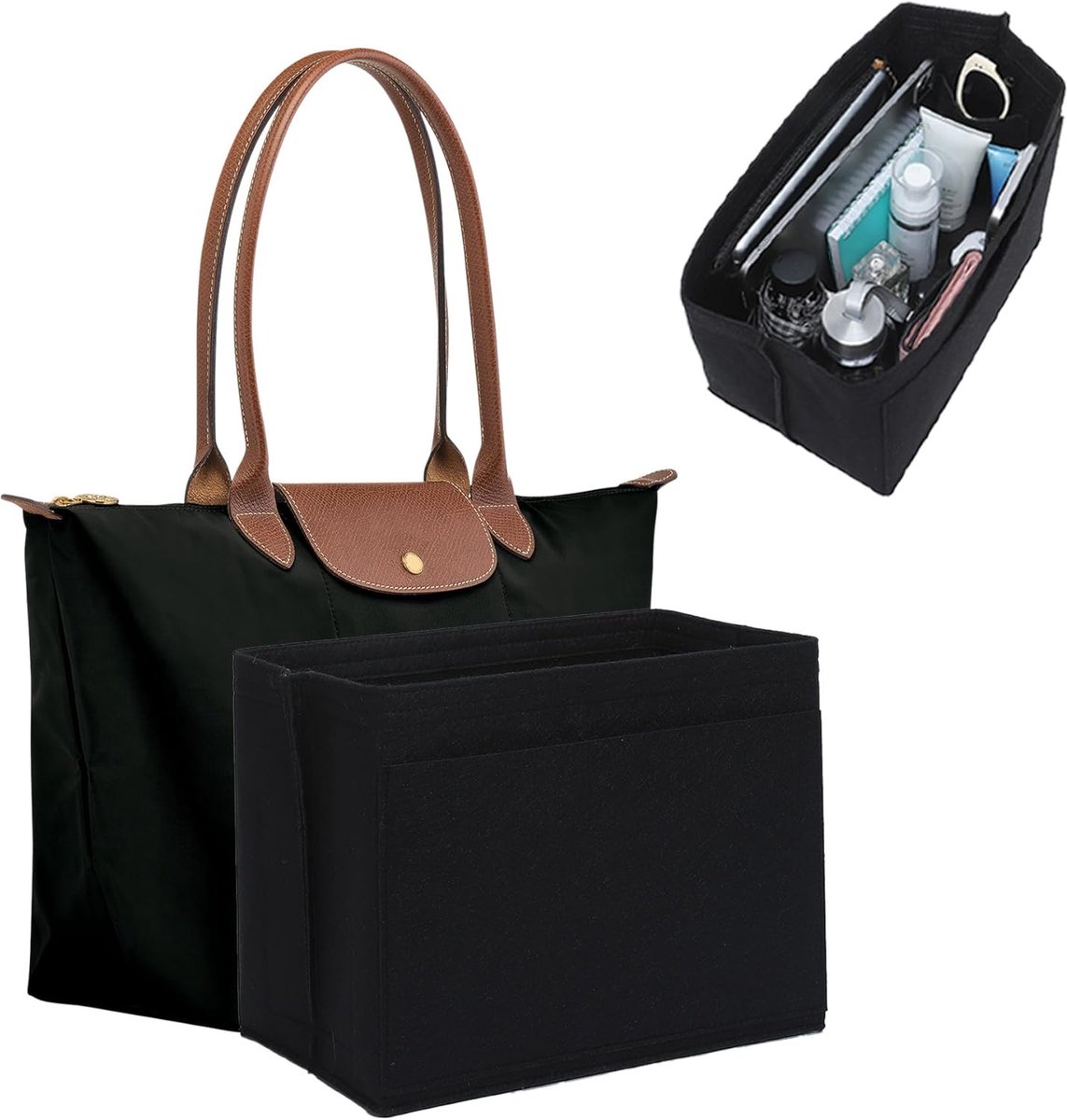 Tas Organizer Bag in Bag - Viltmateriaal & Meerdere Vakken - Maat L 28 × 25 × 17 cm - Zwart - SOLLBRY®