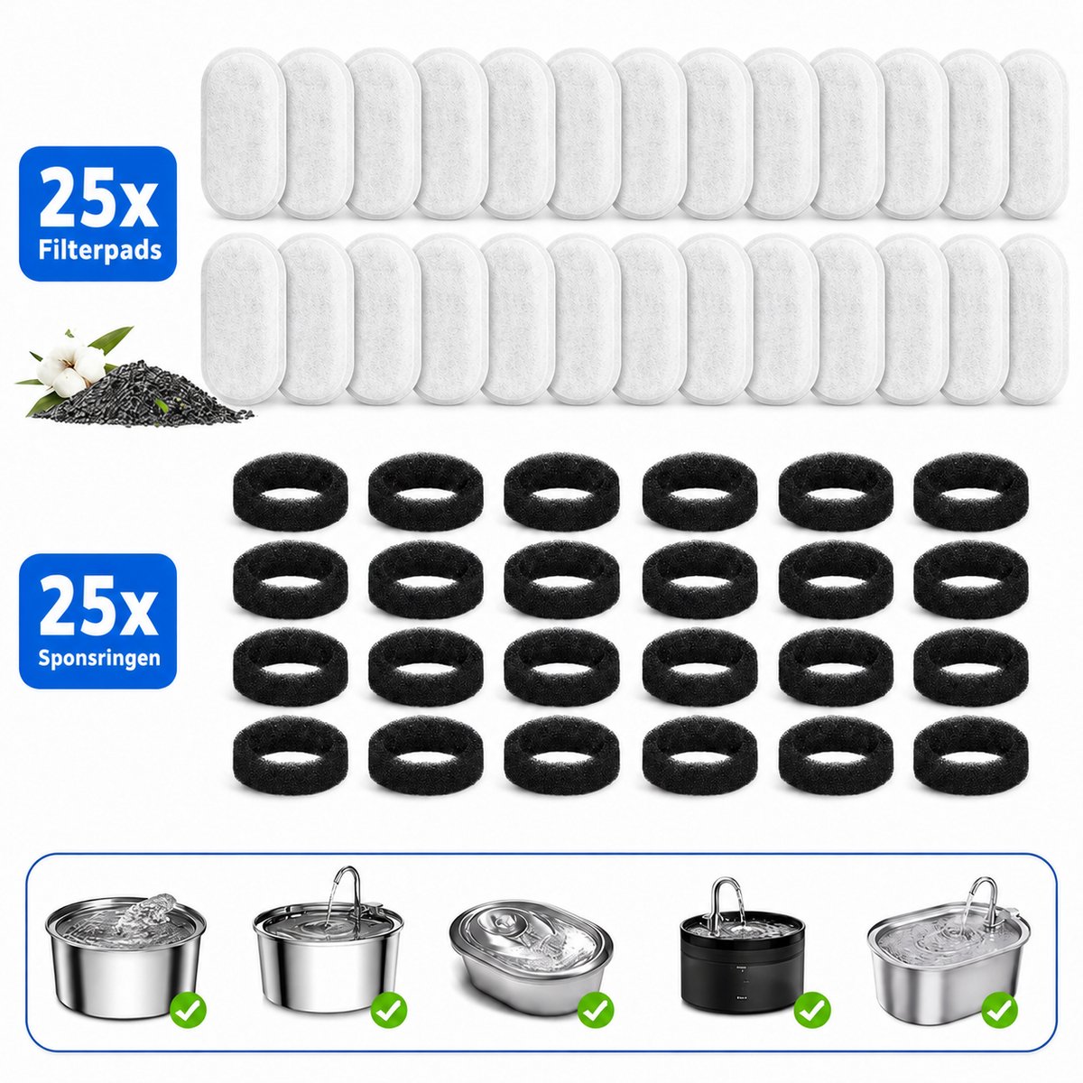 Filters Drinkfontein Kat - 50 x Filter Kattenfontein - Filter Patronen Voor Waterdispensers Voor Huisdieren - Drinkfontein Filters Navulling - Waterfilter & Sponsfilter - Waterfontein Kat Accessoires - 25 Katten Fontein Filters En 25 Pompsponzen