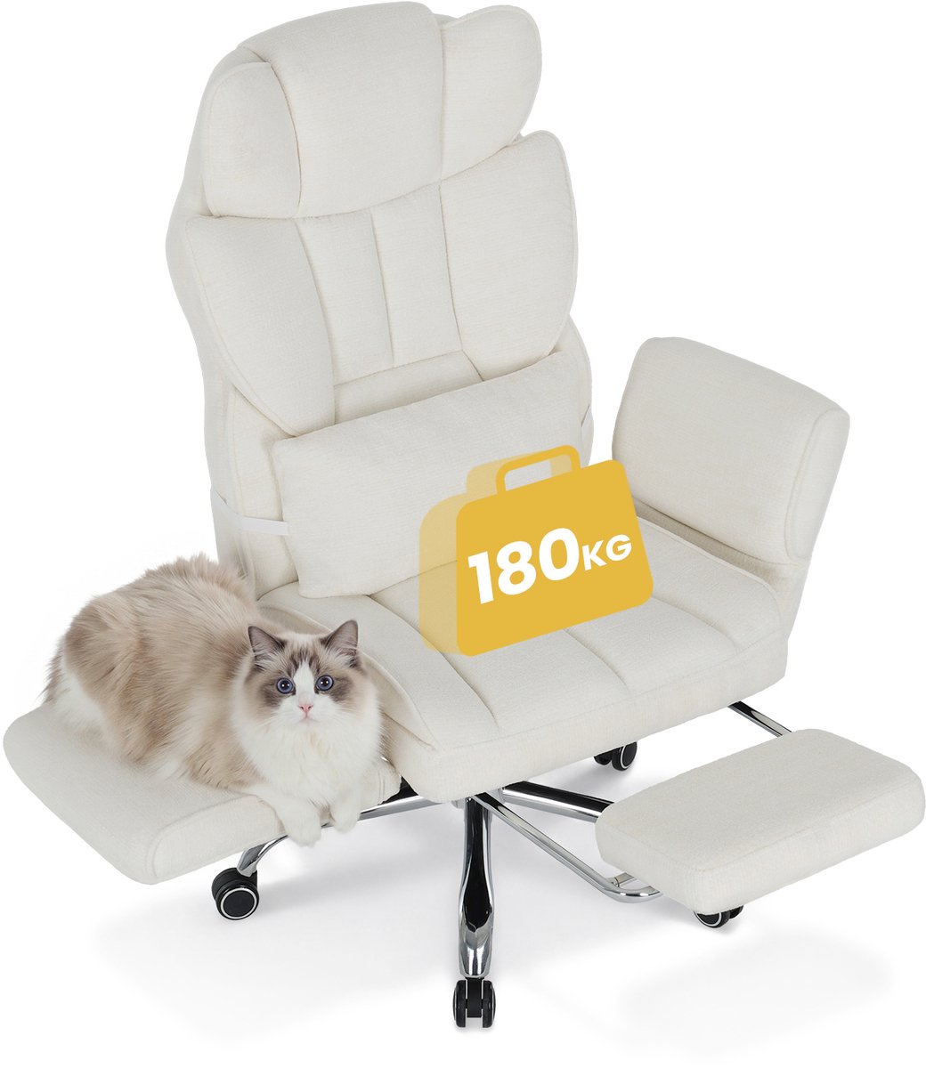 COLAMY Ergonomische Bureaustoel - 180 kg Belastbaar - Verstelbare Rugleuning tot 127° - Voetensteun - Verstelbare Armleuningen - Dikke Verende Zitting - Beige