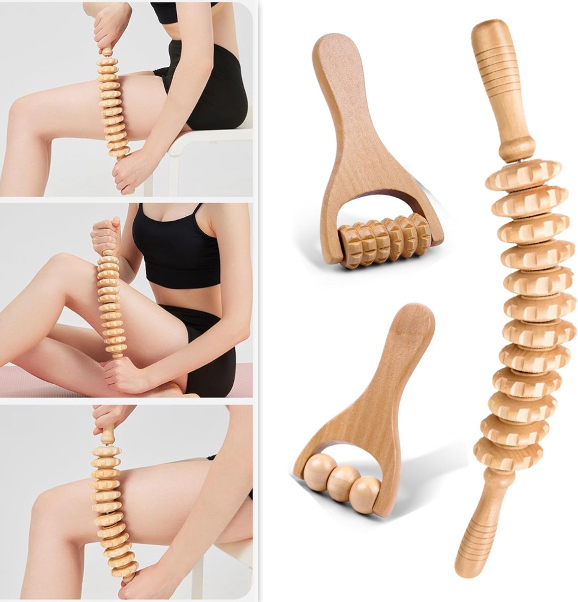 Set Van 3 Houten Massagesticks - 12 Rollers Glad Braamvrij Hout Afneembaar Draagbaar - Verlicht Spierspanning En Verbetert De Bloedsomloop - Voor Een Volledige Lichaamsmassage - Voor Thuis, Op Kantoor En Op Reis