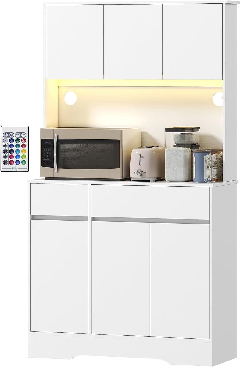 Keukenkast - Opbergkast Dressoir - Keuken Organiseren - Geïntegreerde Sfeerverlichting - 100 x 38 x 180 cm - Wit