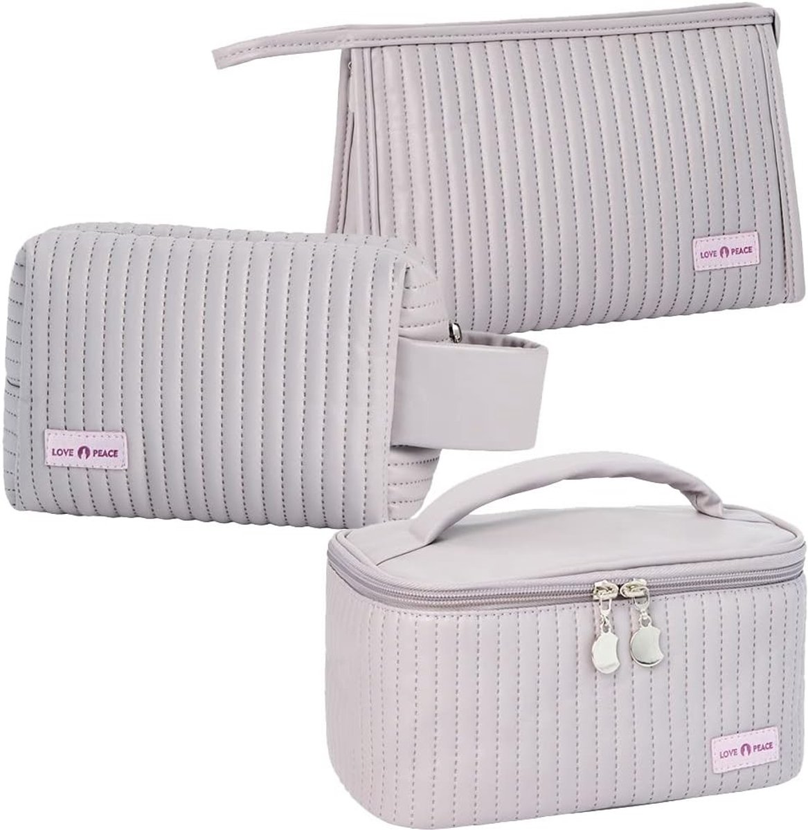 Set van 3 Make-uptassen - Lichtpaars - Draagbare Make-uptas van PU-leer - Voor Dames