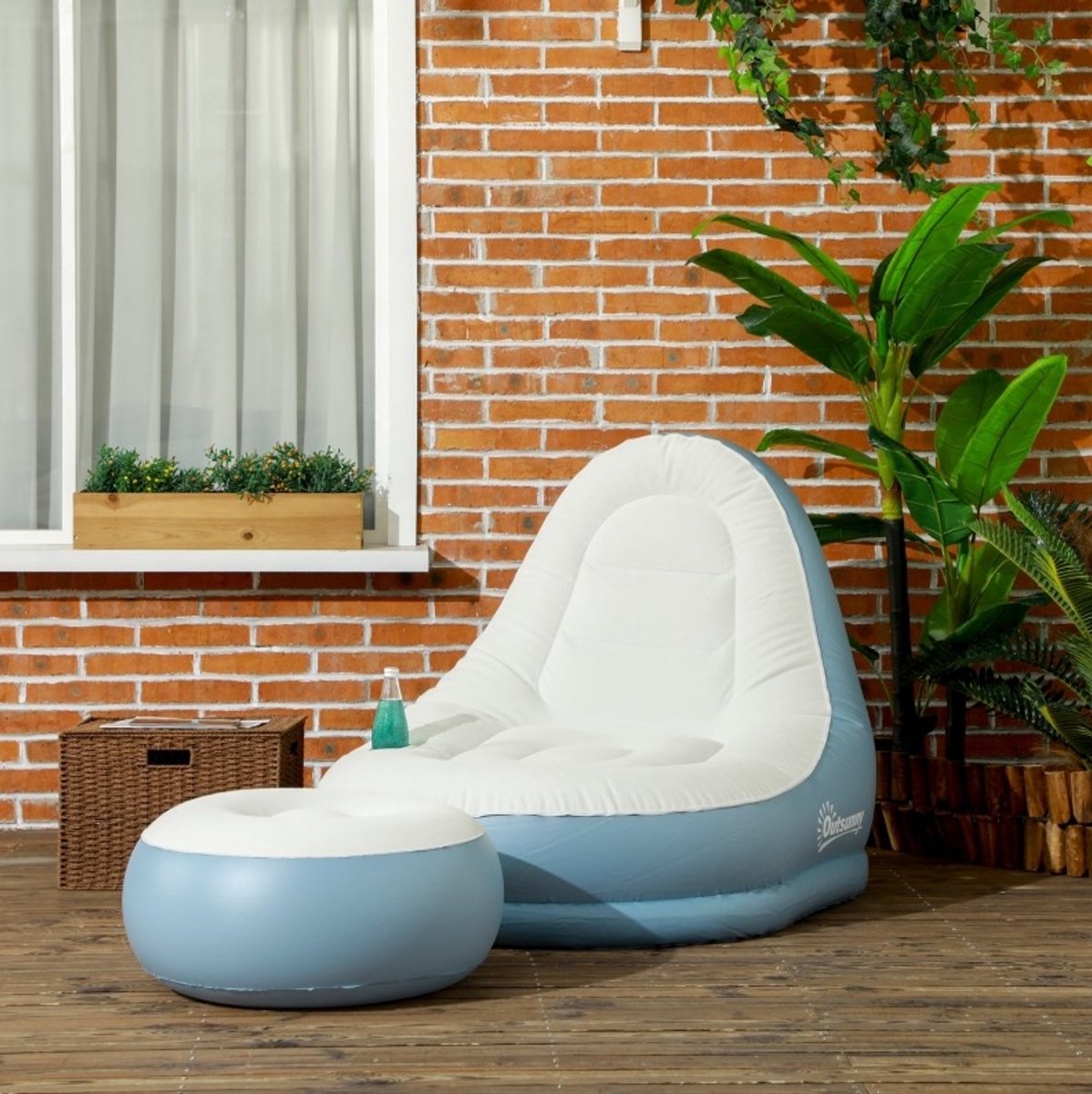 REDOM - Opblaasbare bank - Inclusief voetsteun en bekerhouder - Ergonomische vorm - Voor thuis en camping - Kunststof - Wit - 125 x 100 x 87 cm