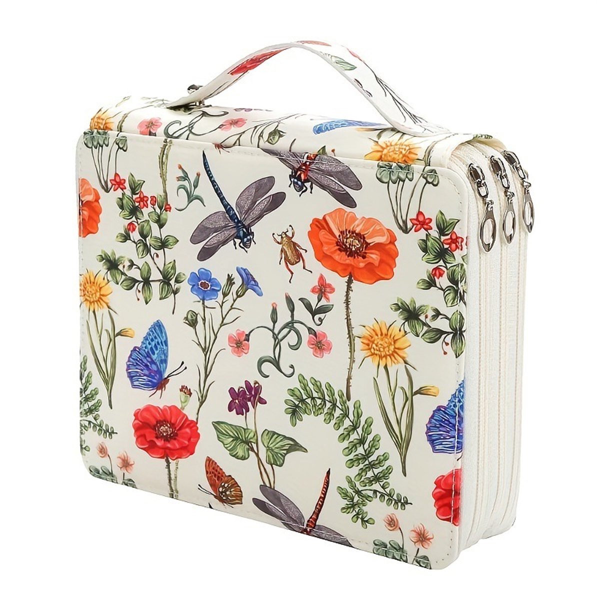 Drielagige Pennenkoffer Met Bloem-Libelle Print - Groot Capaciteit Opbergkoffer Voor Kleurpotloden, Tekengerei-Compacte Tekendoos Met Handvat, Ruim Voor Honderden Kleurpotloden