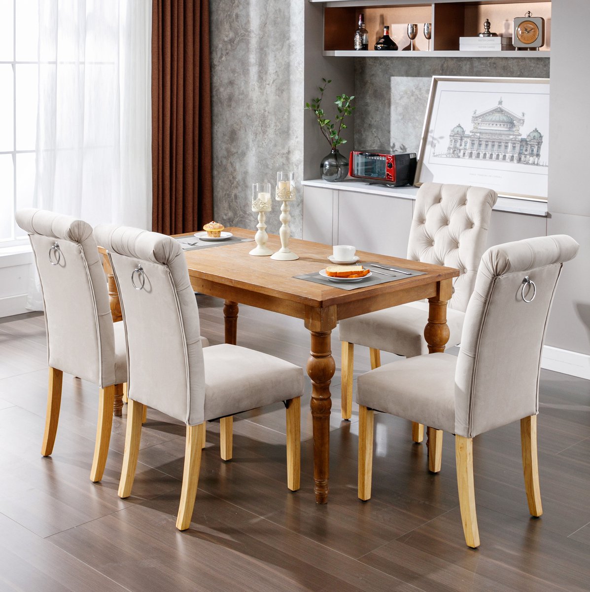 Eetkamerstoel Set Van 4 Beige Velvet Met Knopen En Houten Eiken Poten Voor Eetkamer En Woonkamer Klassiek Comfortabel