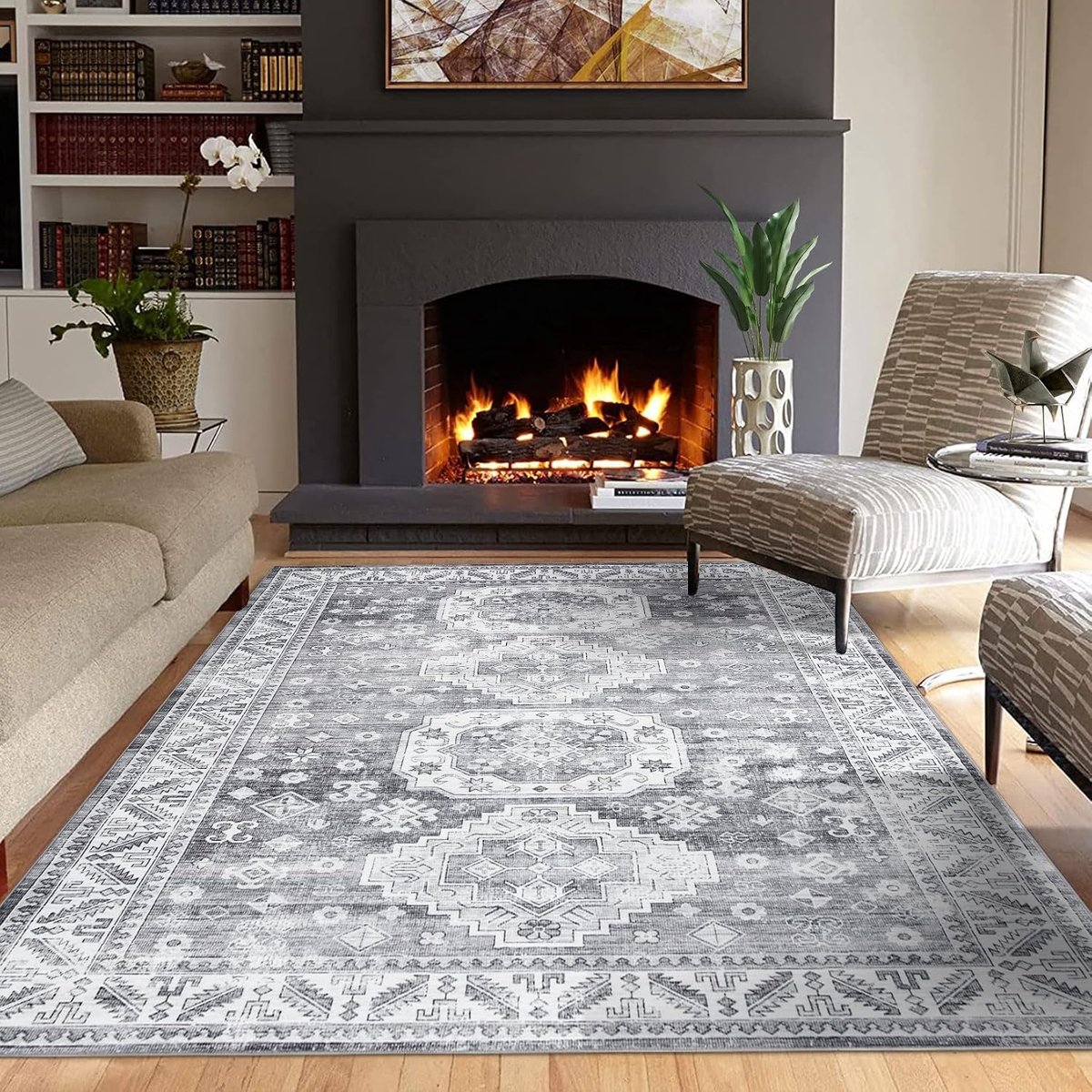 Vloerkleed Perzisch Etnisch Dessin Grijs 160x230 cm Polyester Wasbaar Opvouwbaar