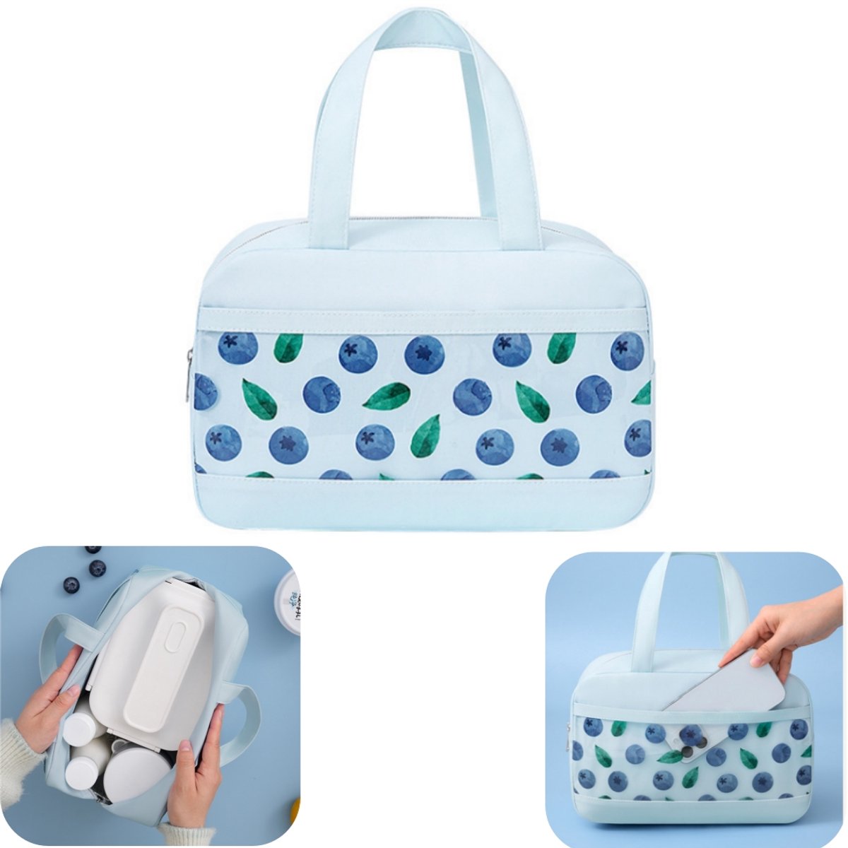 Thermos tas - picknicktas - lunch tas - draagtas voor lunchtrommel - opvouwbaar - met rits - geïsoleerd - luchtdicht - outdoor accessoire - geschikt voor picknick, zakenreis, herfstuitje (blauw, 30*18,5cm)