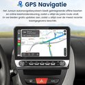 Scherm met GPS-navigatie met blauwe en groene routes op een kaart.