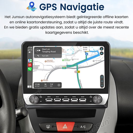 Scherm met GPS-navigatie met blauwe en groene routes op een kaart.