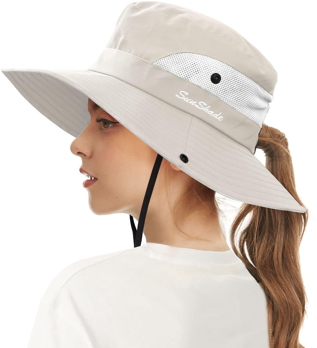 Zonnehoed kind - Bucket Hat - UV Bescherming - Zonnepet met Brede Rand en Paardenstaart Opening - Perfect voor Paardenstaarten, Sneldrogend - Ademend Strand en Outdoor Hoed