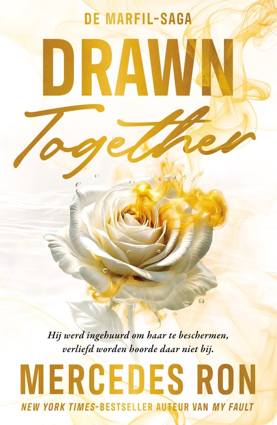 Drawn together: Een witte roos met gouden rook eromheen.