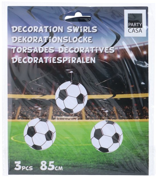 3 voetbal decoratie swirls, 85 cm. Met de tekst 'Party Casa'.
