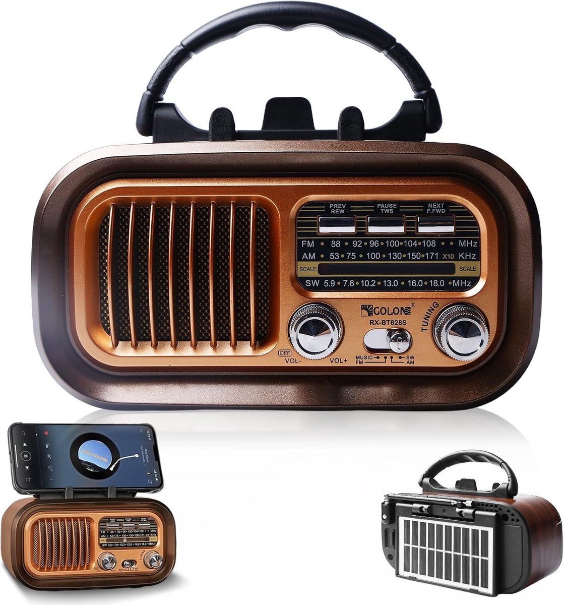 Retro Bluetooth Radio - Koffie - 170 x 105 x 90 mm - Draagbare Zonne-energie Radio met Telefoonhouder - Voor Thuis en Buiten