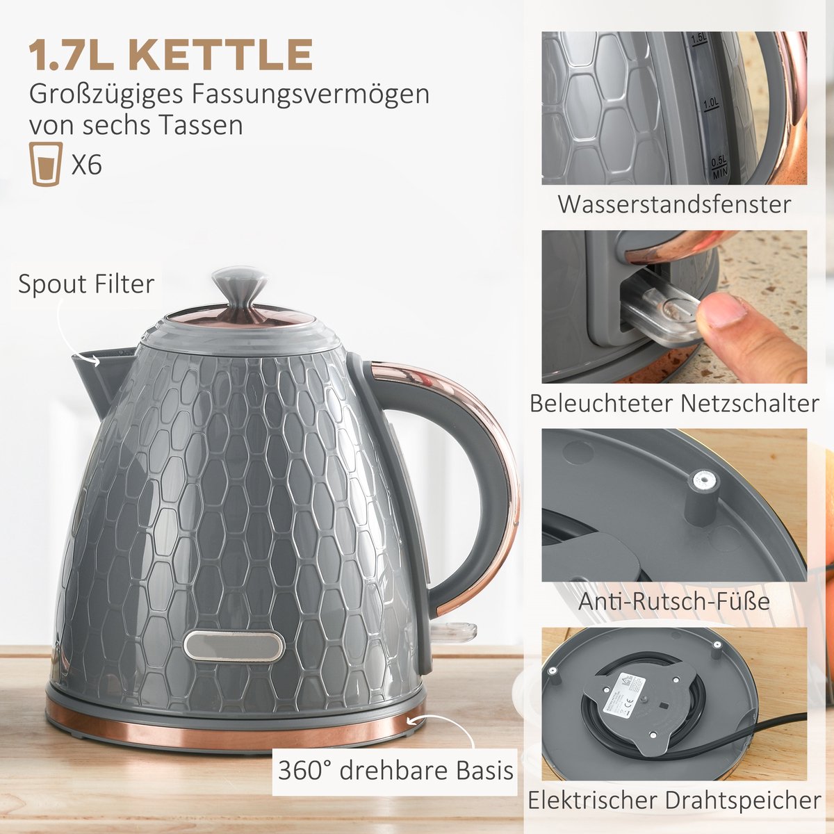 ECTEATOY® Keukengerei set - Waterkoker 1,7L & Broodrooster 4 Sneden - Ontbijtset met 7 Bruiningsstanden & Droogkookbeveiliging - Grijs