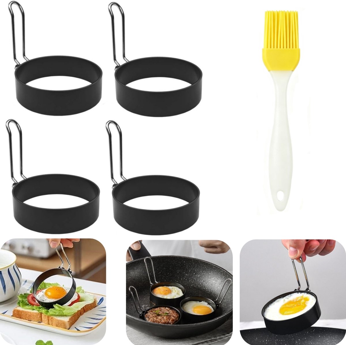5 delige malset - ei pannenkoekvorm - vleeskoekvorm - muffinvorm - olieborstel - ronde spiegelei pan - anti aanbak - hittebestendig - met handvat - makkelijk schoon te maken - kookaccessoires - geschikt voor restaurant, keuken, koken (zwart, 7,5*2cm)