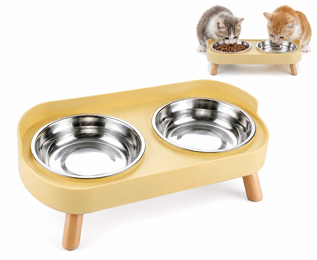 Elevated Cat Food Bowl Set with 2 Stainless Steel Bowls, Raised Pet Feeding Station, Ergonomic Double Cat Bowl for Food and Water, Easy Clean Design