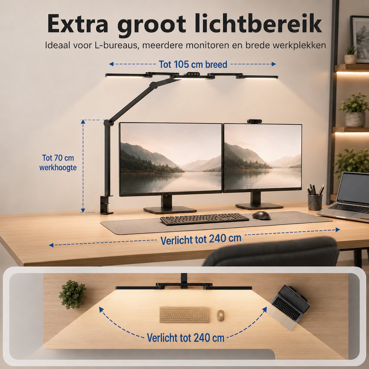 MUPOO 3-Lichts Bureaulamp LED Dimbaar met Klem Ø105 cm - Werklamp met 3 Verstelbare Lichtbalken&6 Draaipunten - Monitor Lamp met Automatische Lichtsensor - Klemlamp - Hobbylamp - Architectenlamp-voor oor Tekenen, Handwerk, Modelbouw en Werkbank thumbnail 6