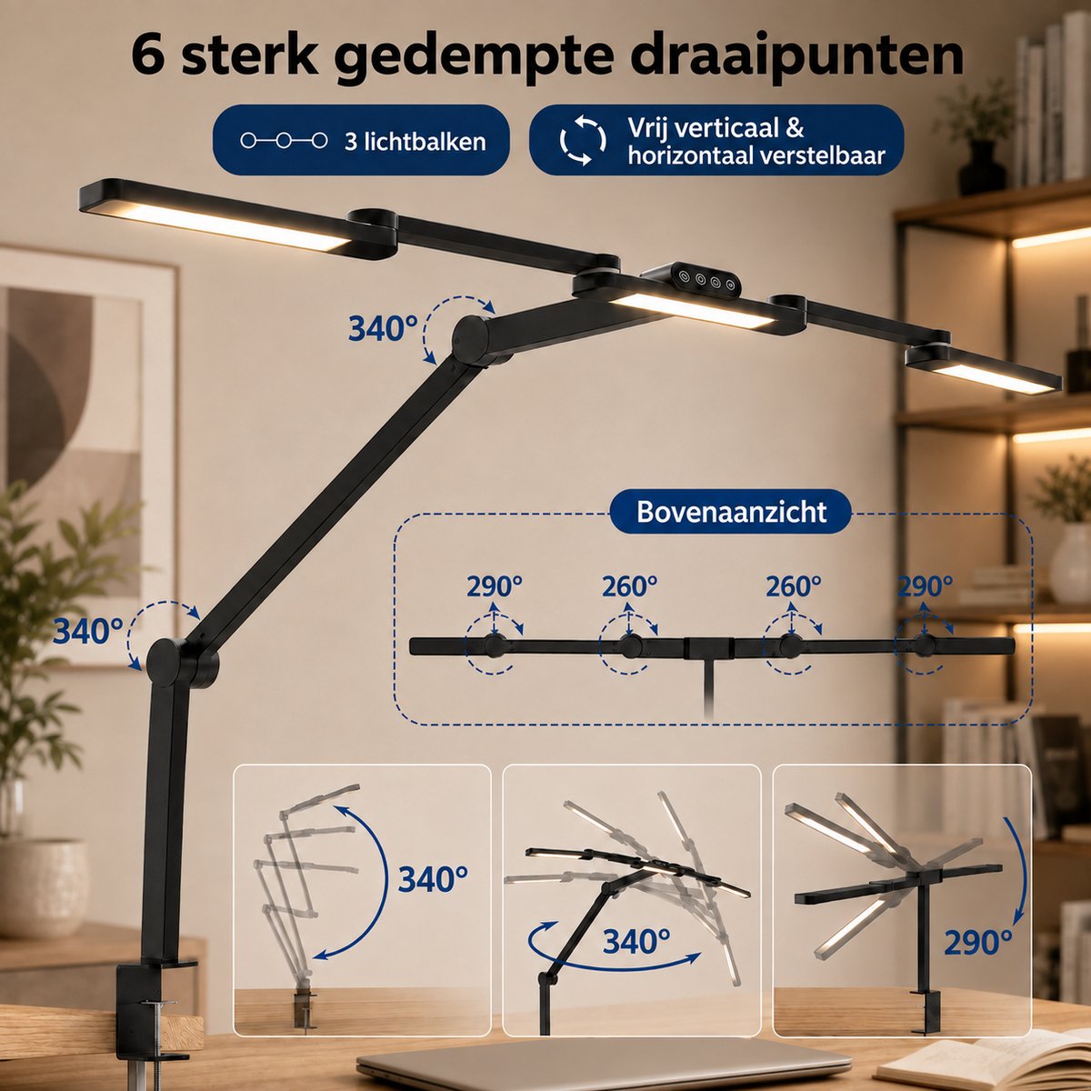 MUPOO 3-Lichts Bureaulamp LED Dimbaar met Klem Ø105 cm - Werklamp met 3 Verstelbare Lichtbalken&6 Draaipunten - Monitor Lamp met Automatische Lichtsensor - Klemlamp - Hobbylamp - Architectenlamp-voor oor Tekenen, Handwerk, Modelbouw en Werkbank thumbnail 3