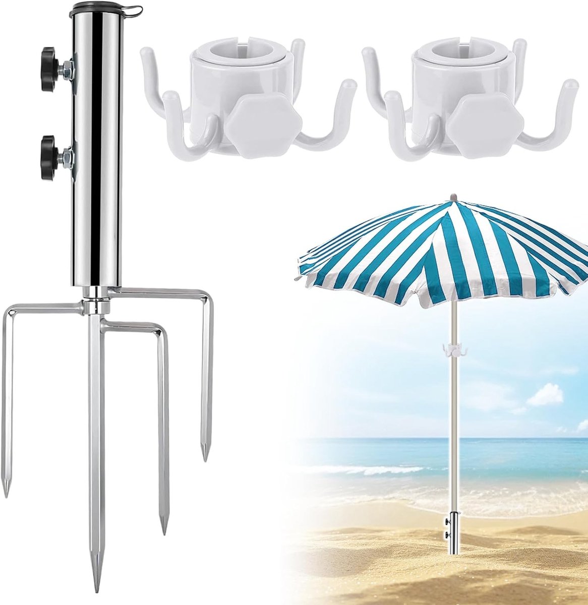 Parasol standaard in de grond - Zilver - 44,5 cm - Met 4 haringen - Voor tuin, strand en camping