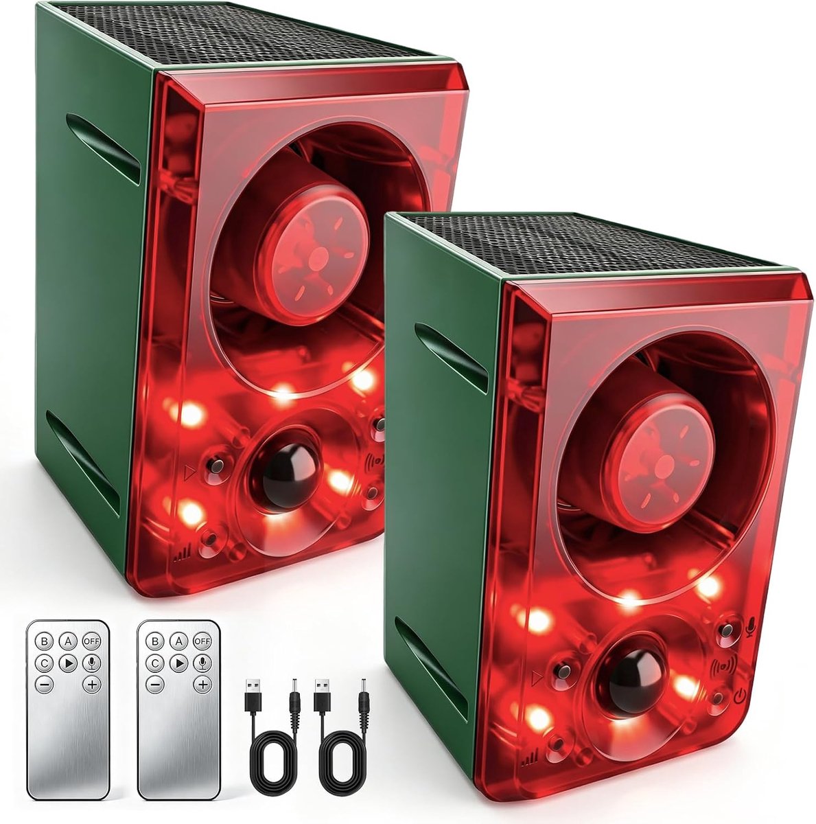 Zonne‑energie Buiten Bewegingssensor Alarm, Hondenblaf‑ en schotgeluid 130dB, Ondersteunt opnamefunctie en instelbaar volume, 3 werkmodi met flitslicht voor Huis, Villa, Boerderij en Schuur, 2 Stuk