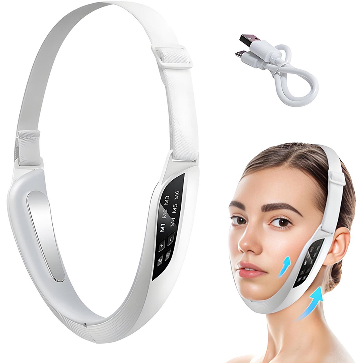 EMS gezichtsliftmassageapparaat – Kaaklijntrainer – Dubbele kinverwijderaar – Gezichtsafslankapparaat – Huidverjongingsapparaat – Dubbele kinverwijderaar - V-Face Miracle Device – 6 standen – USB oplaadbaar – Wit