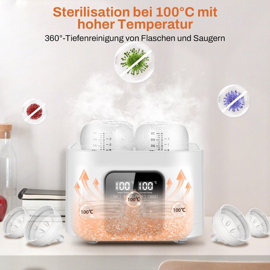 FOSMET Flessenwarmer 2026 - 9-in-1 Babyflessenwarmer & Sterilisator - Geschikt voor 4 Flessen - 100 °C Stoomsterilisatie - 60-240ml - Stoomsterilisatie - 48 uur warmhoudfunctie - Afstandsbediening - BPA-vrij - Wit — afbeelding 2