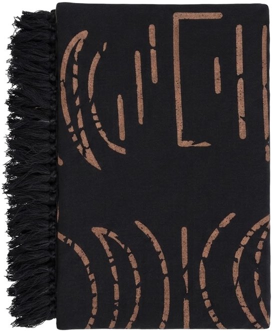 Sarong noir avec des formes abstraites circulaires et linéaires brunes et des franges noires sur le côté.