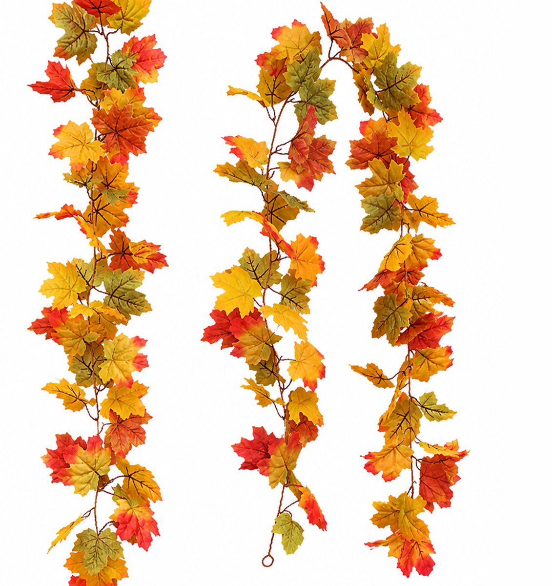 2 Stuks Kunstmatige Esdoorn‑bladeren Krans - 350cm Herfstdecoratie - voor Binnen en Buiten - Halloween en Thanksgiving Versiering - Realistische Herfstbladeren - Kunststof - eenvoudig op te Bergen