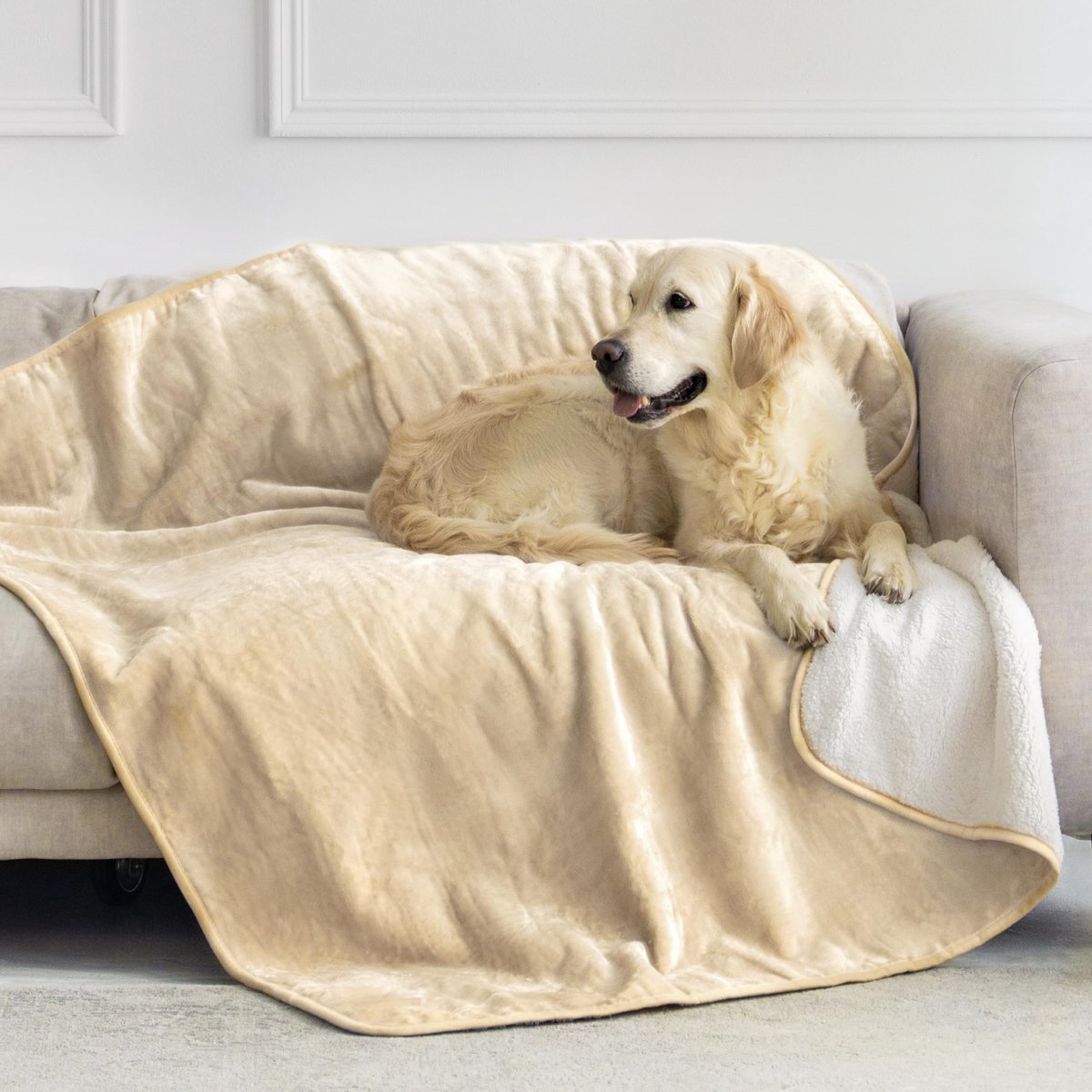Famanu – Waterdichte hondendeken 127x152 cm - Omkeerbare waterdichte deken voor hondenbed en bank in Sherpa fleece - Wasbaar - Beige