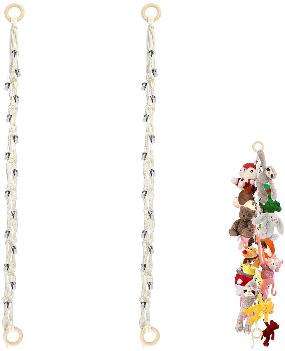 Famanu – Set van 2 knuffeldieropslag met 2 houten ringen en 40 clips, 2 meter knuffeldier hangmat voor het ophangen en bewaren van pluche dieren