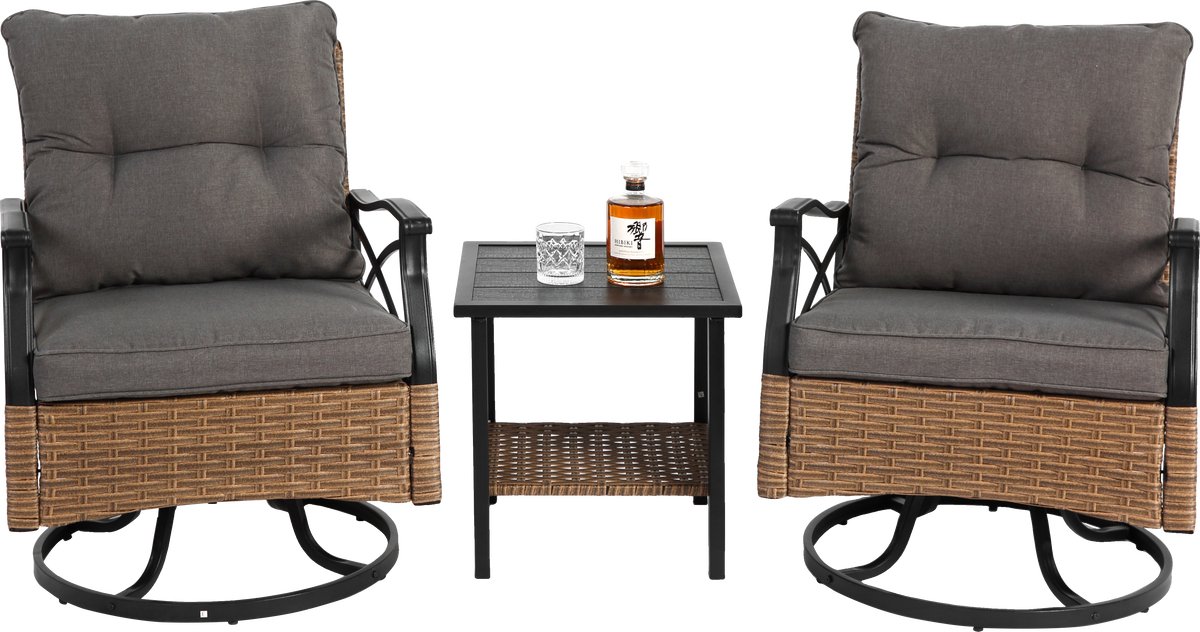 Tuinset van rotan - balkonmeubilair inclusief 2 schommelstoelen met draaifunctie - kussens en tafel