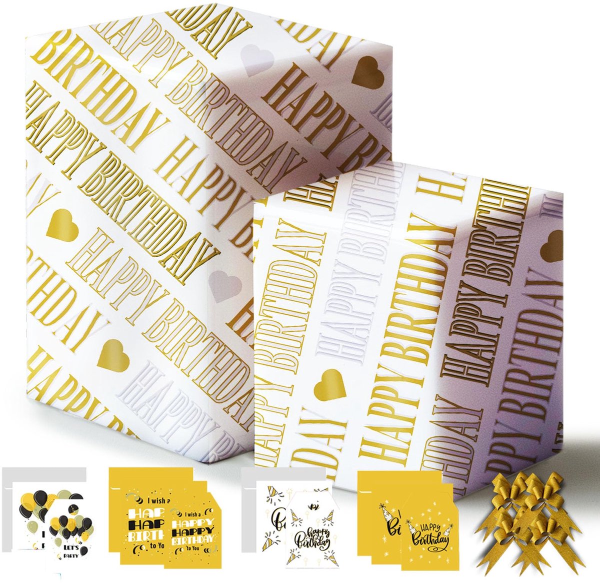 Gouden Happy Birthday inpakpapier 43% groter 85 x 60 cm, 4 vellen, 4 strikken, 4 kaarten, 4 enveloppen, 4 labels - ShopVlot
