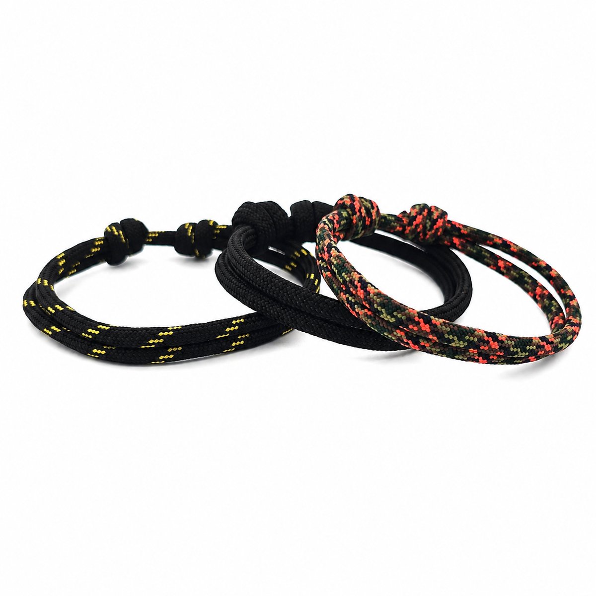 Set van 3 geknoopte paracord armbandjes zwart army oranje en gouden streepjes