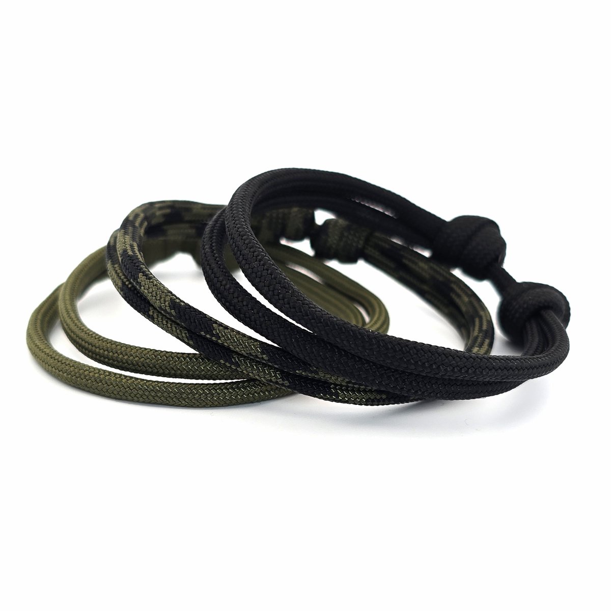 Set van 3 geknoopte paracord 550 armbandjes zwart en camouflagekleuren army-look zwart groen