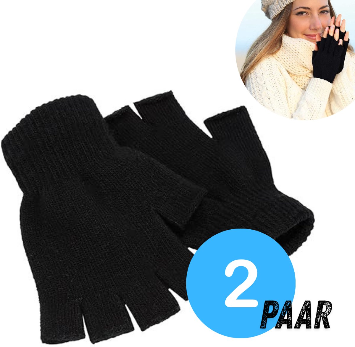 Chipa - Vingerloze Handschoenen Dames & Heren - One Size - 2 paar - Zwarte Handschoenen zonder Vingertoppen - Handschoen Vingerloos - Gebreid - Warm & Comfortabel - Fashion Accessoire