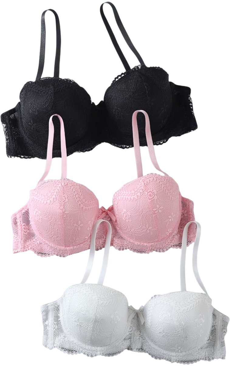 Currero BH Zonder Beugel - Strapless - Zonder Bandjes - Met Voorsluiting - Push-up Bh's - Comfort Beha - Comfortabel - Grote Sluiting - Wit + Roze + Zwart - Cupmaat