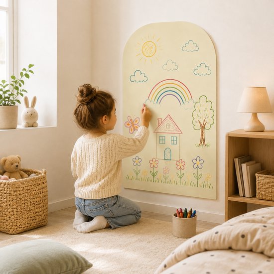 Meisje met bruin haar in knot, met beige trui en jeans, knielt op vloerkleed en tekent huis met regenboog op beige poster. Krijtjes in potje.