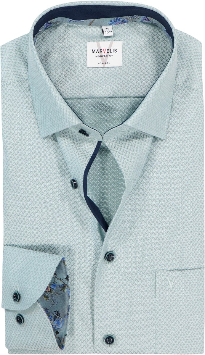 MARVELIS modern fit overhemd - mouwlengte 7 - structuur - groen - Strijkvrij - Boordmaat: 45 (EU maat: XXL)