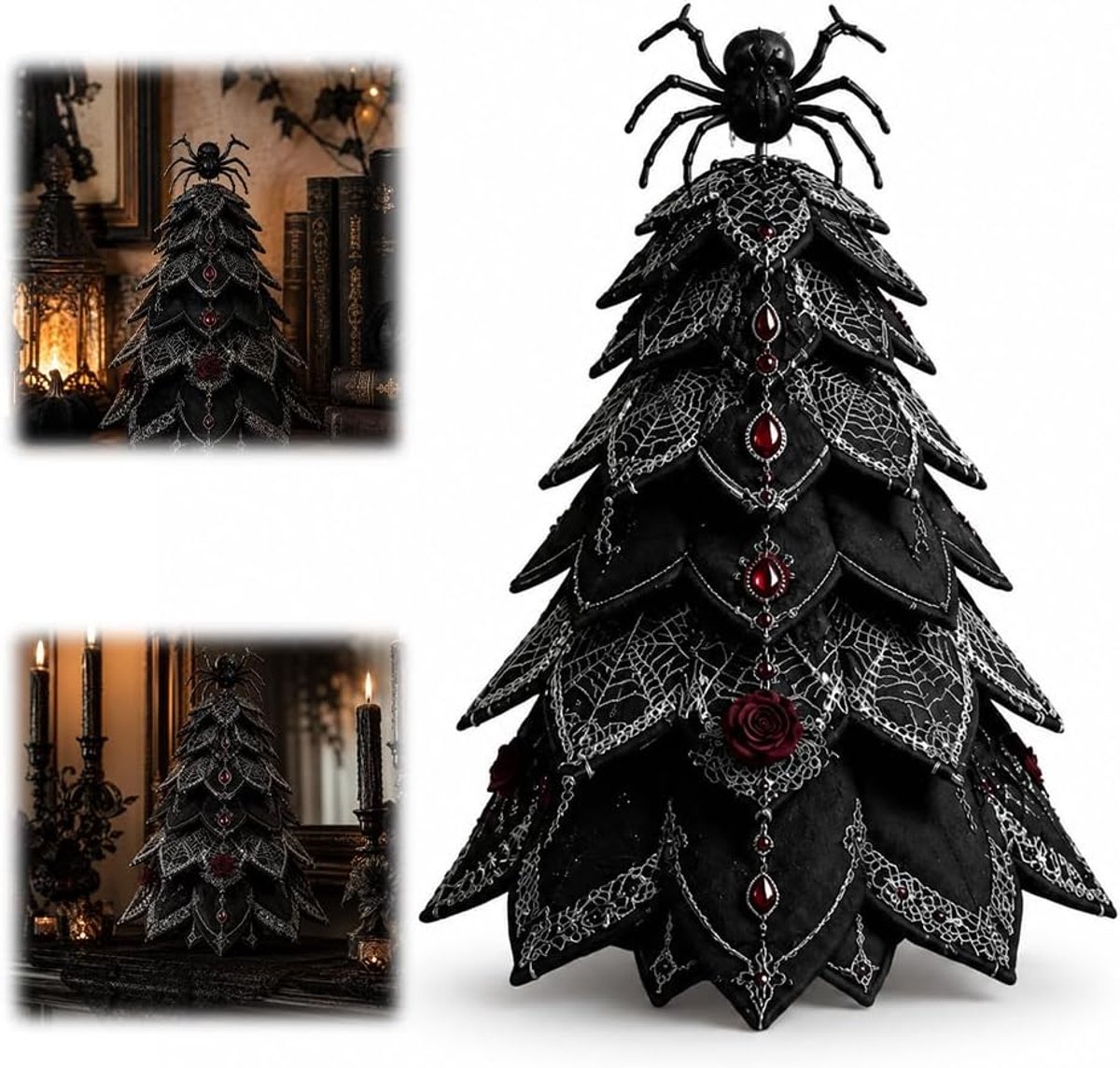 DIY Halloween gequilte stoffen kerstboomset (onafgewerkt) - 17×11×9cm - Gotische spinnenweb donkere boom - 3D handgemaakt naaiproject - Geschikt voor kerstversiering op de schoorsteenmantel - Creatief handgemaakt cadeau