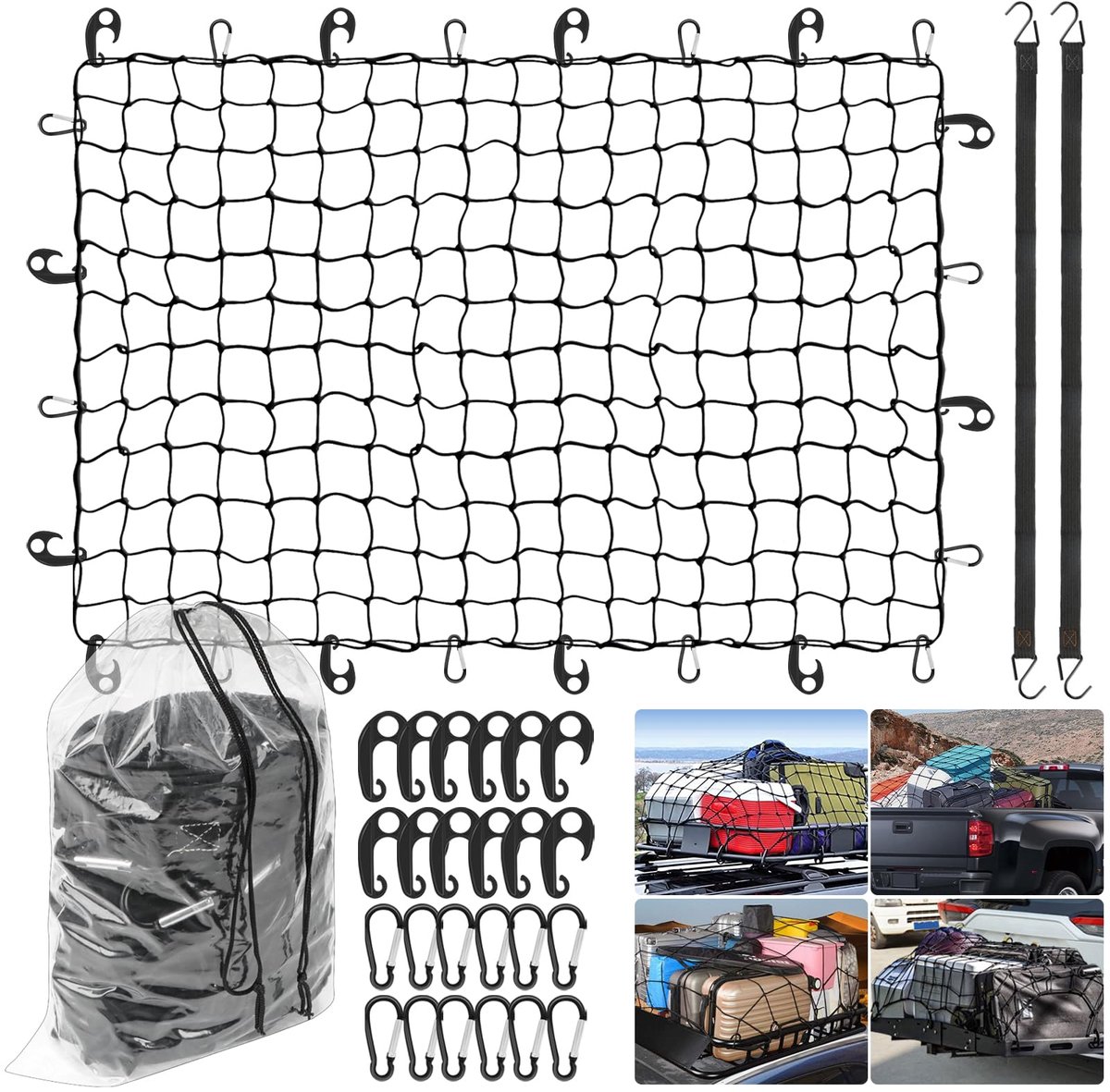 Famanu – Bagagenet van 120 x 90 cm, rekbaar tot 240 x 180 cm, met 1 opbergzak, 2 elastische ladingskoorden en 12 metalen haken
