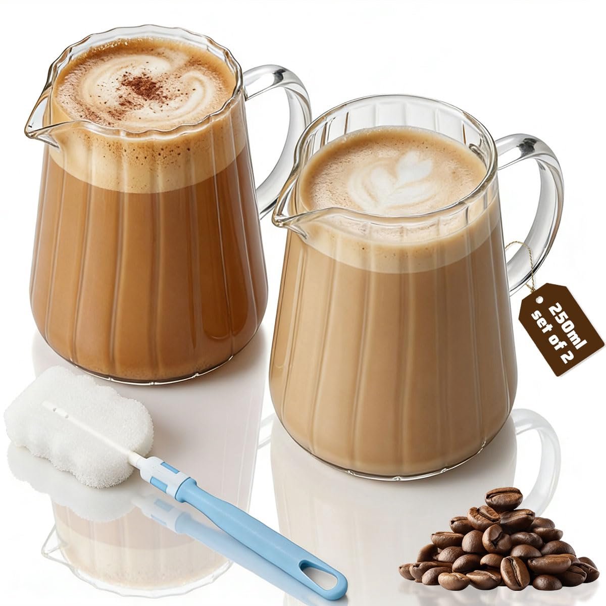 Famanu – Set van 2 glazen melkkannetjes, 250 ml, hittebestendig, ideaal voor melk en andere dranken