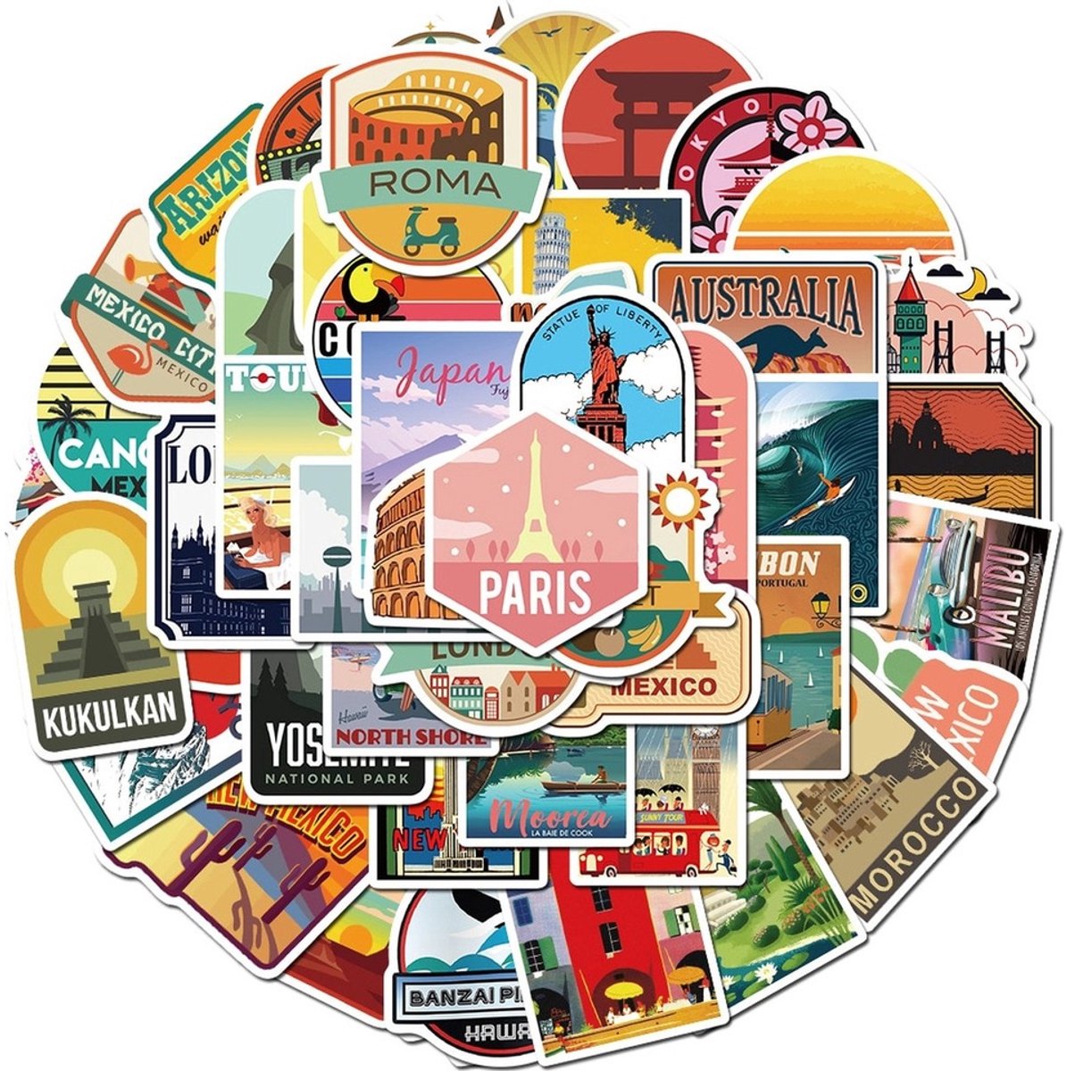 50 Vakantie Stickers – Reizen, Landen & Outdoor